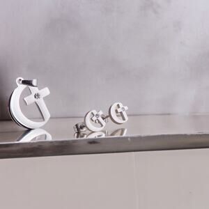 NEW 18K white gold plated cross moon CZ necklace and earrings set jewelry B8A